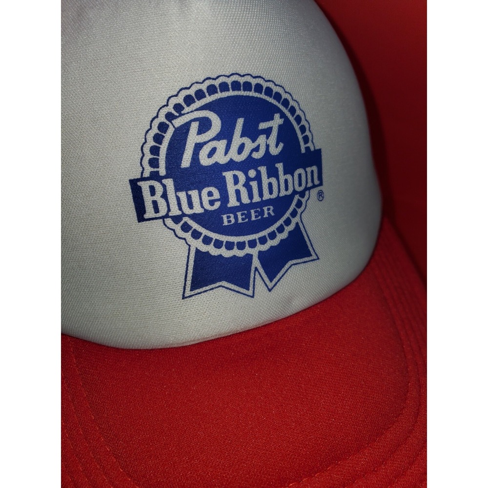 Vintage Pabst Blue Ribbon Hat White Cap Adjustable Hat Adult Mesh Trucker - Picture 5 of 8